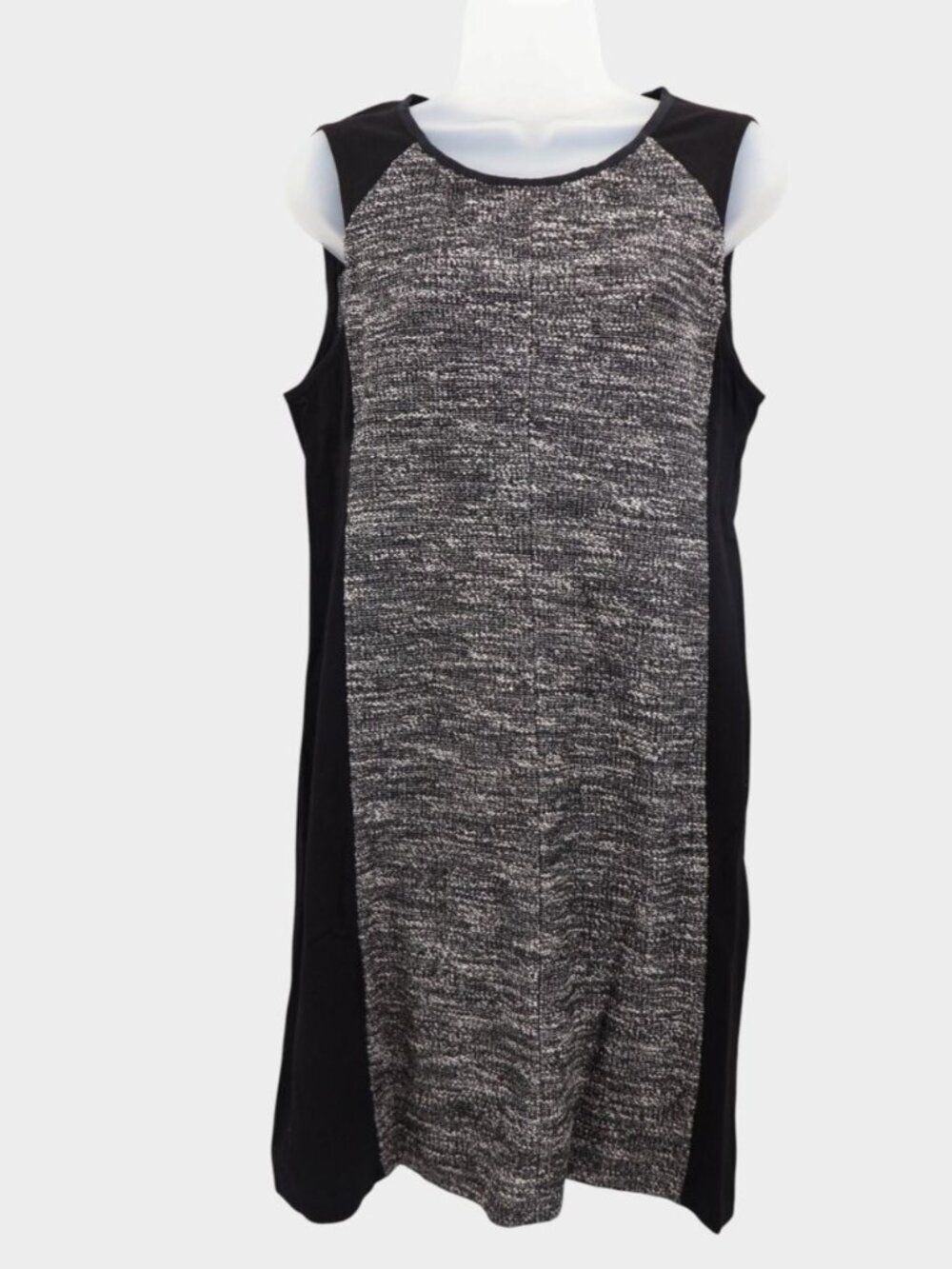 Eileen Fisher Italian Fabric Tweed Knit Color Block Shift Dress Black Gray M